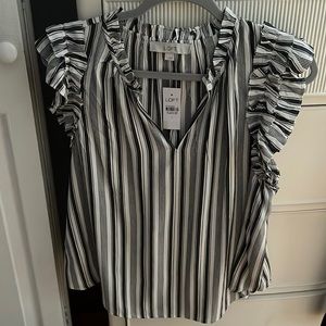 Gray and white striped ruffled blouse